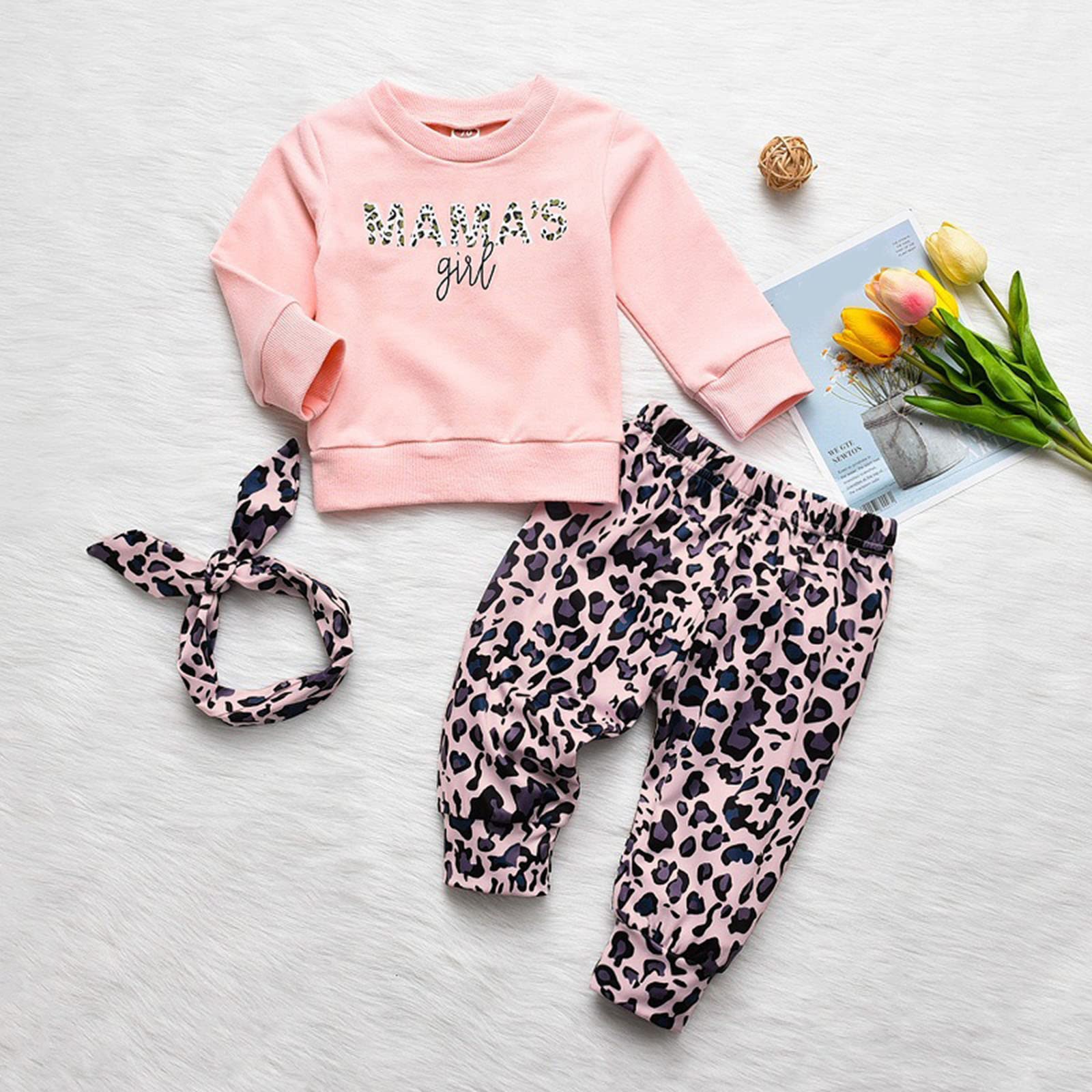 Generisch Trainingsanzug Kinder Jogginganzug Sportanzug Mädchen Set Kleinkind Neugeborenes Baby Mädchen Langarm Brief Sweatshirt Tops Leopardenmuster Hosen Hosen mit Stirnbändern Outfit Set