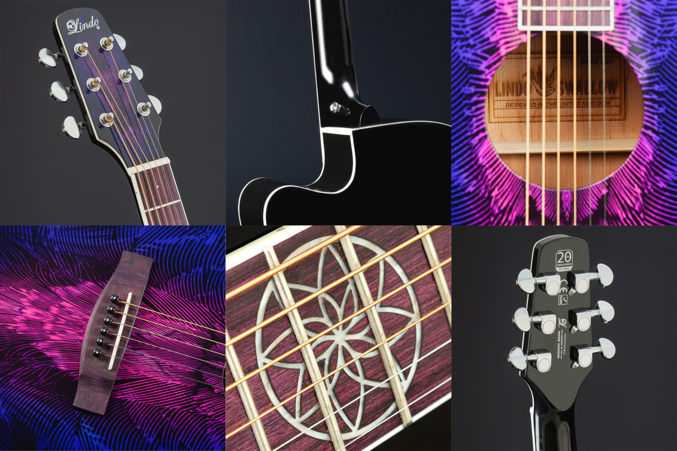 Lindo Swallow V2 - Corde in nylon per chitarra elettroacustica | Dreamcatcher 12° tasto intarsiato | viola rosa scoppio