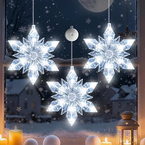 Temporizador de 3 piezas de luces de Navidad para ventana, funciona con pilas, colgante de Navidad blanco iluminado en forma de copo de nieve LED