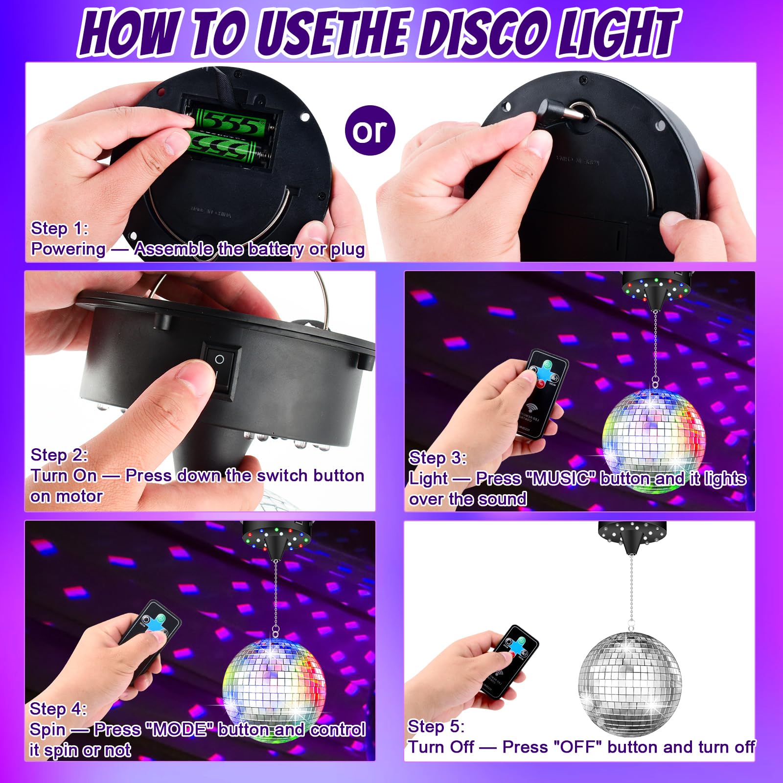 Palla da discoteca con 4 luci colorate e 18 perline LED creare discoteca effetti di Luce,motore rotante a 6 giri/min alimentato a batteria, sfera stroboscopica da 6 pollici