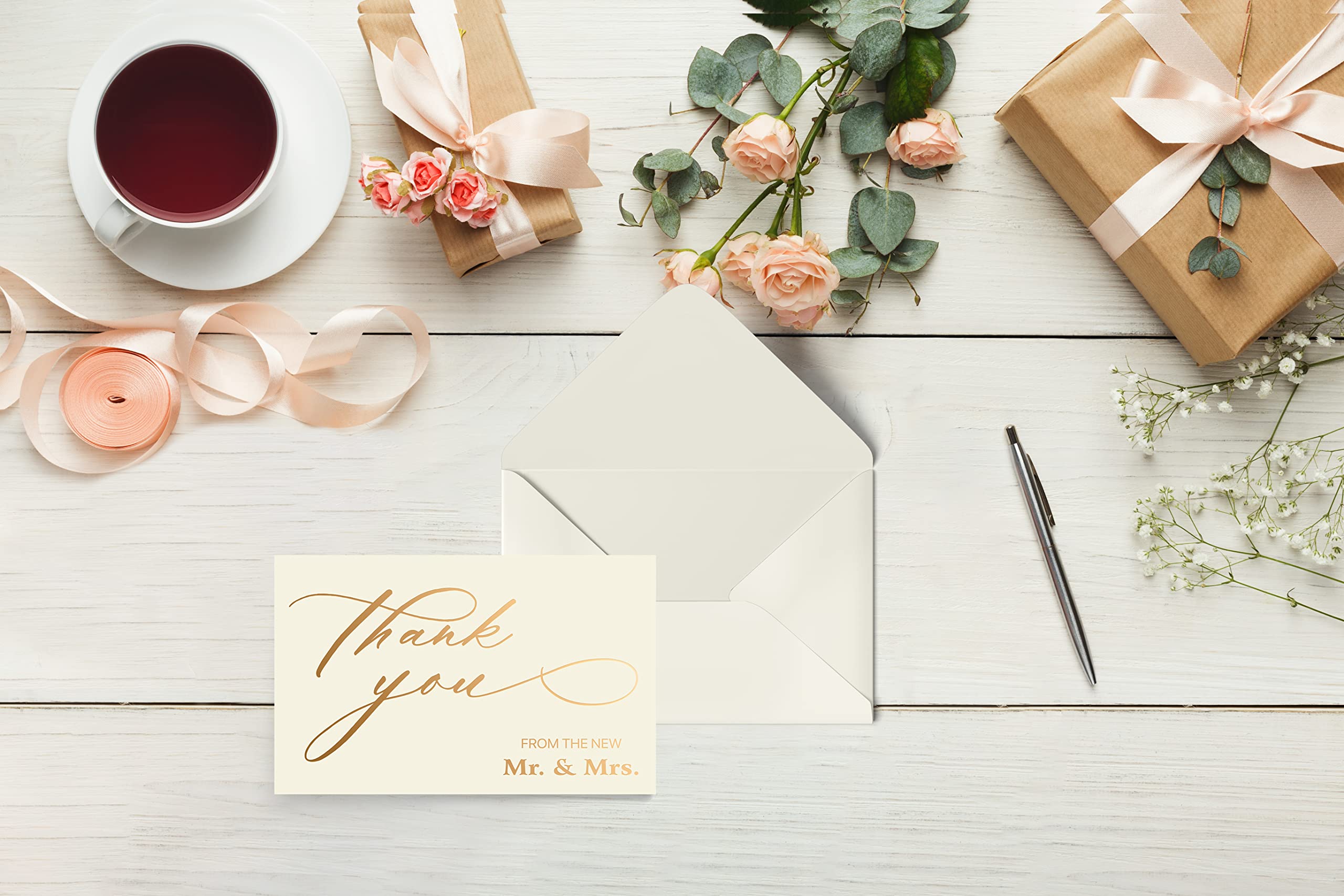 Better Office Products 50 Pack Wedding Thank You Cards in Metallic Gold with Envelopes, Thank You From The New Mr and Mrs, 4 x 6 Inch, Blank Cards, by, 50 Count Boxed Set - Image 2