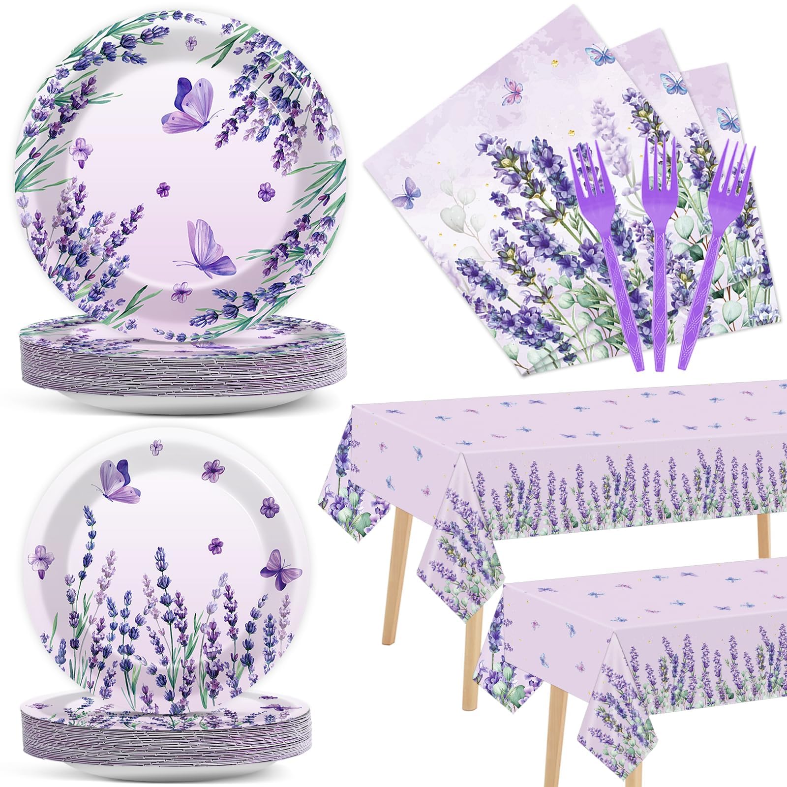 98 Pcs Purple Party Supplies Lavender Paper Plates Napkins Tablecloths Watercolor Floral Tableware Table Cover Set for Spring Summer Girl Baby Shower