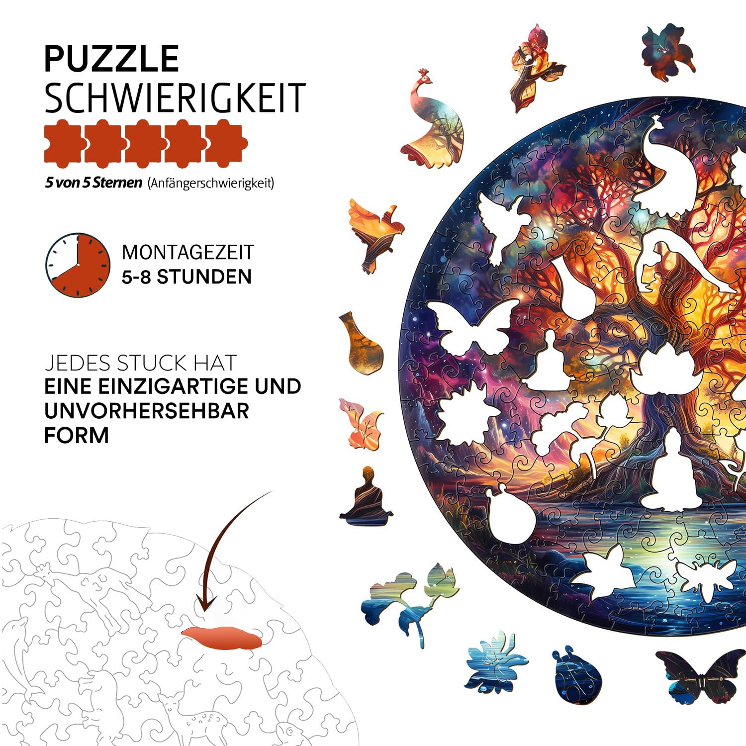 Jigfoxy Puzzle in legno per adulti, albero della vita, puzzle in legno, puzzle per adulti, giocattolo educativo unico a forma di animale, per amici della famiglia, L-34,5 x 34,5 cm, 300 pezzi