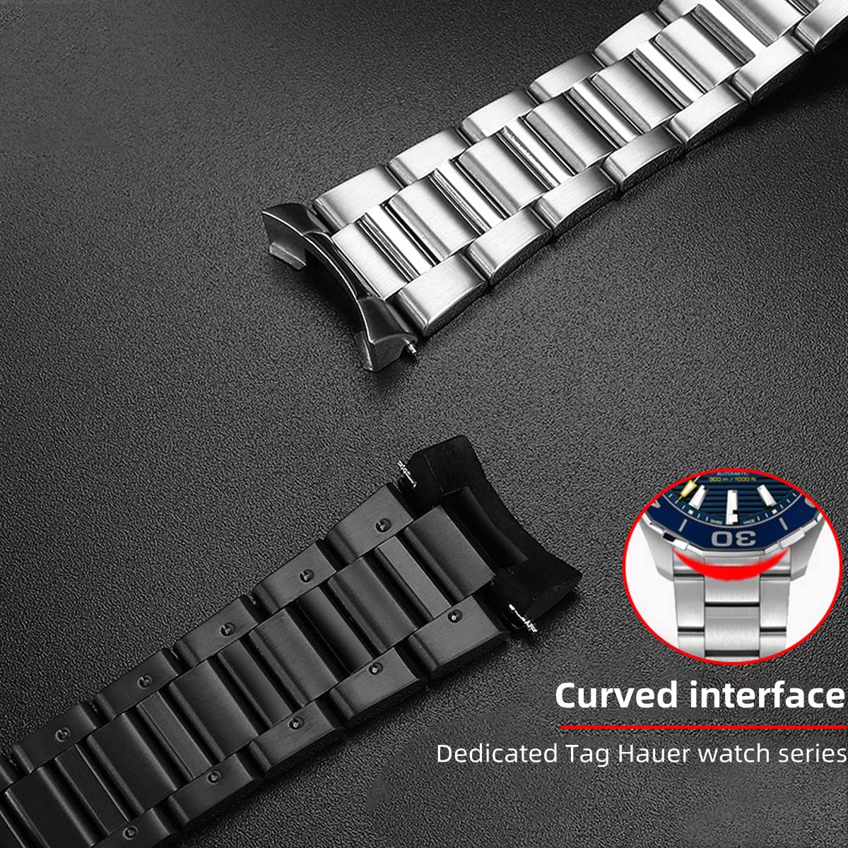 Bracelet de Montre pour TAG Heuer Monaco Carrera Aquarase - Acier Inoxydable Métal 22mm - Couleur Argent Noir