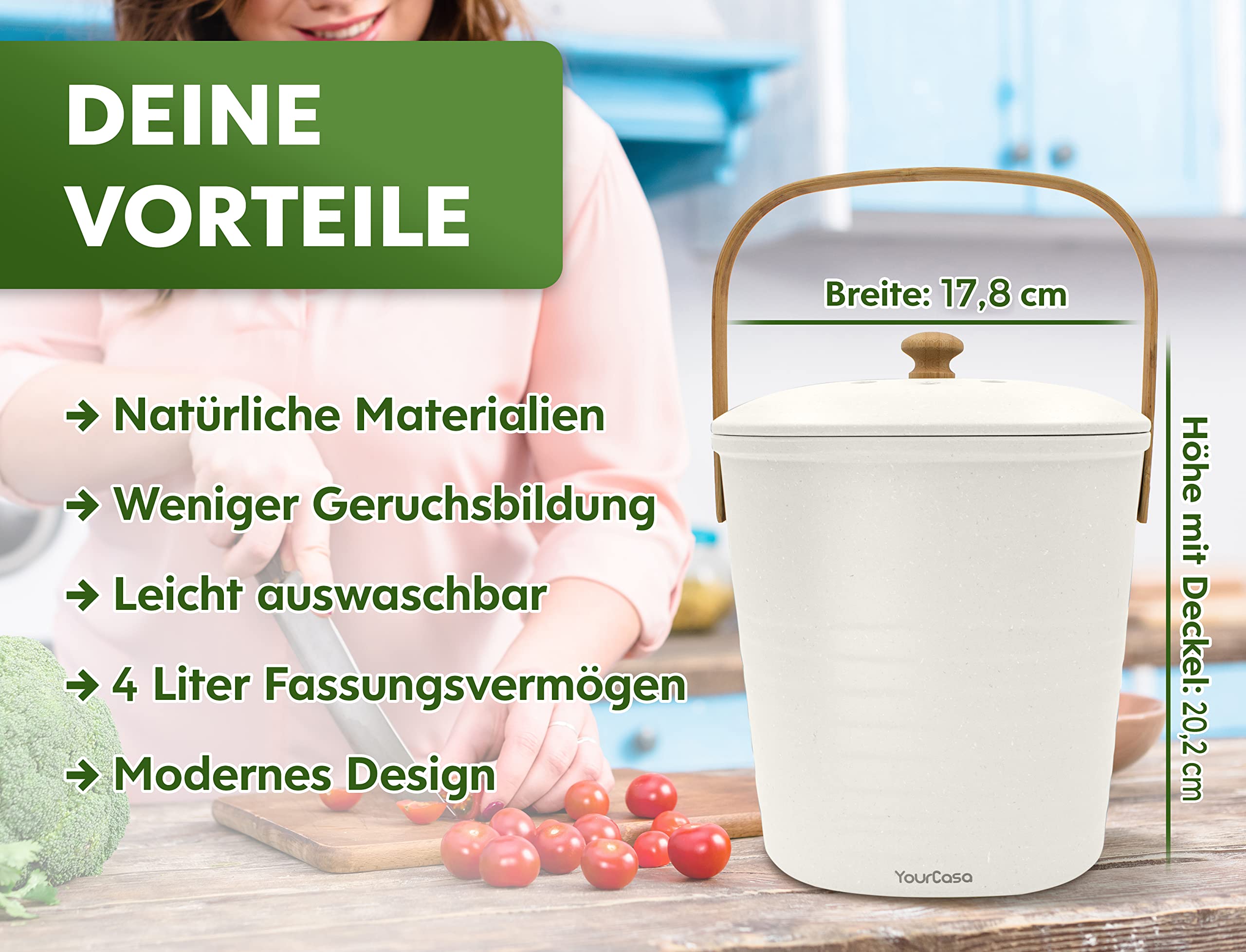 YourCasa Biomülleimer Küche klein 4L geruchsdicht für Biomüll - Komposteimer mit Aktivkohlefilter - nachhaltiger Bio Mülleimer mit Deckel Abfalleimer Behälter Bioabfallbehälter Biotonne (4L Weiss)