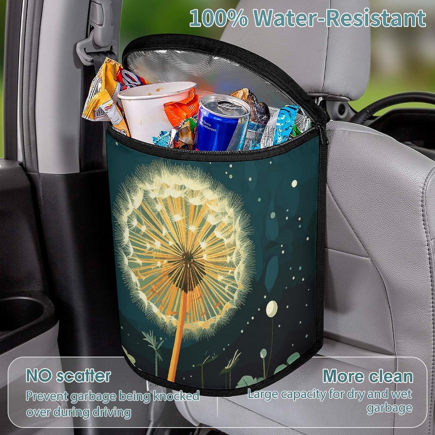 Hanging Car Trash Bag Dandelions at Night Printed Car Garbage Storage Bag Leakproof Car Trash Can Portable Garbage Storage Bags