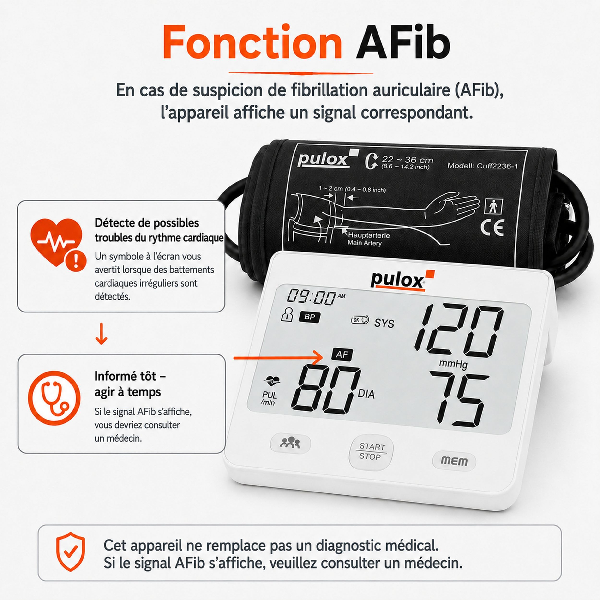 Pulox BP-200 - Tensiomètre automatique avec détection AFib en cas de troubles du rythme cardiaque et de fibrillation auriculaire