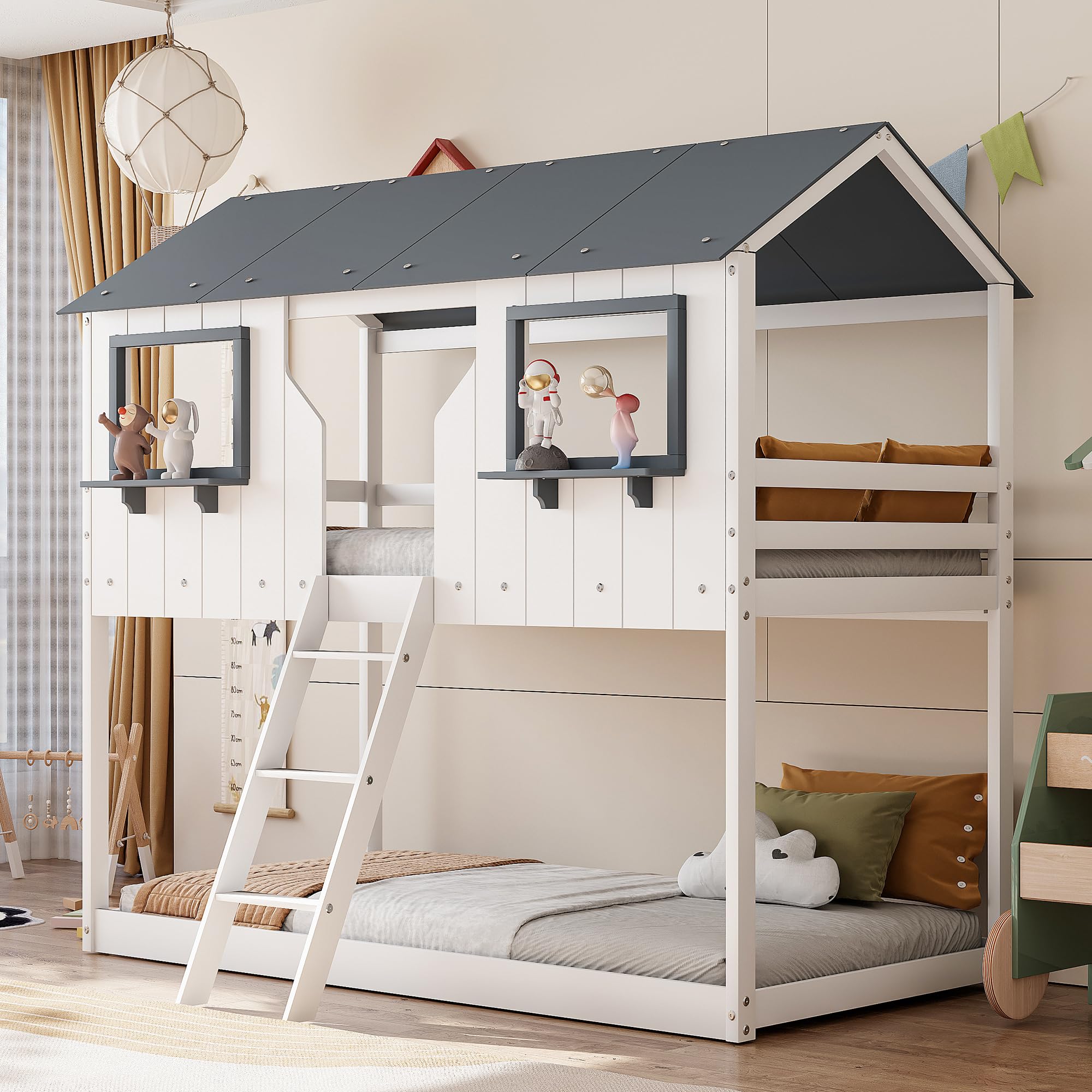 Polibi Twin Over Twin Bunk Bed with Roof & Window - Wooden House-Style Bunk Bed with Safety Guardrail & Ladder/White
