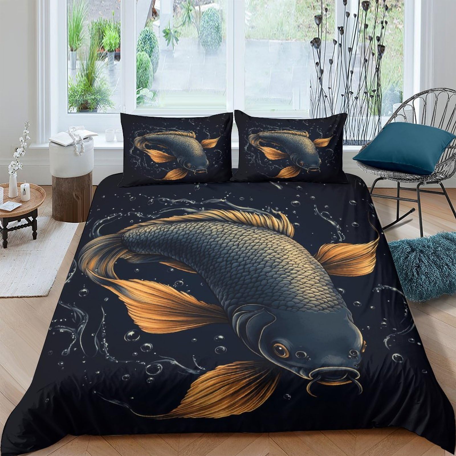 Ctjqhvkz Style-5 3D Printed Koi Fish Fitted Sheet Microfiber Black Gold Artistic Bed Cover For Bedroom Guest Room Mattress Decor Single（135X200cm）