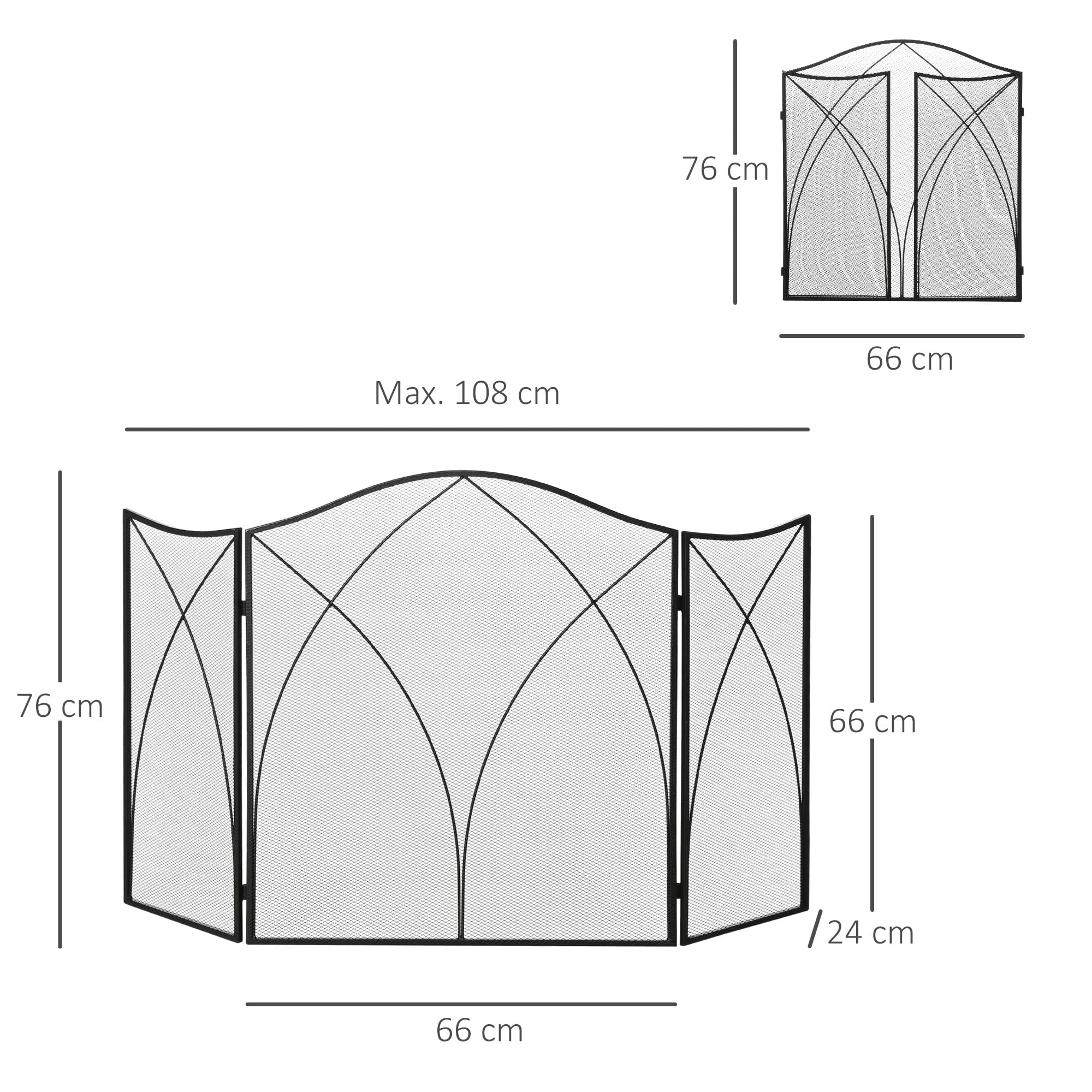 HOMCOM Parascintille Camino a 3 Parti Pieghevole con Decorazioni, Parafuoco in Metallo, 108x24x76 cm, Nero