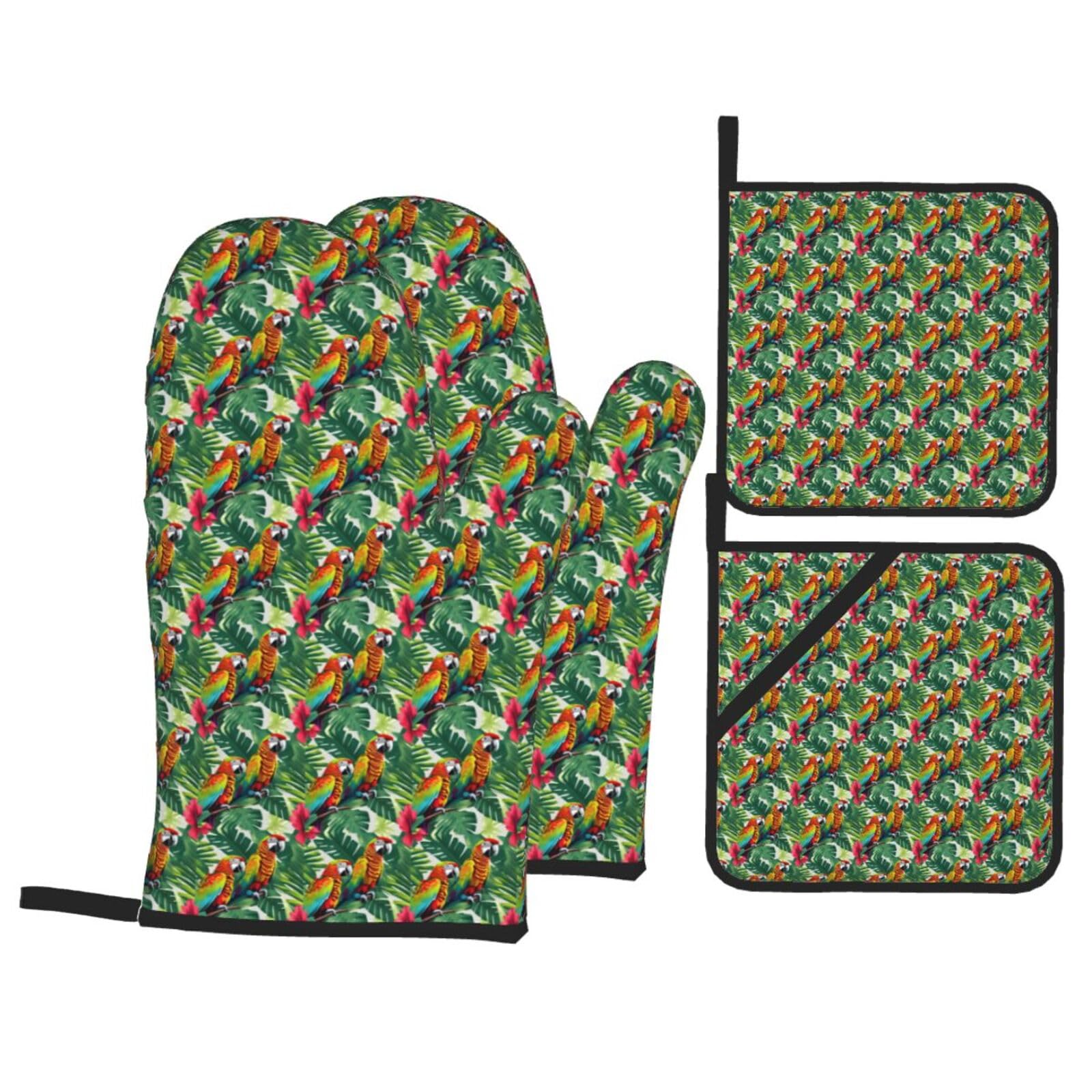 Tropical Flower Leaf Parrot Print 4-Piece Heat-Resistant Oven Waterproof Kitchen Gloves Cooking Roasting Essential