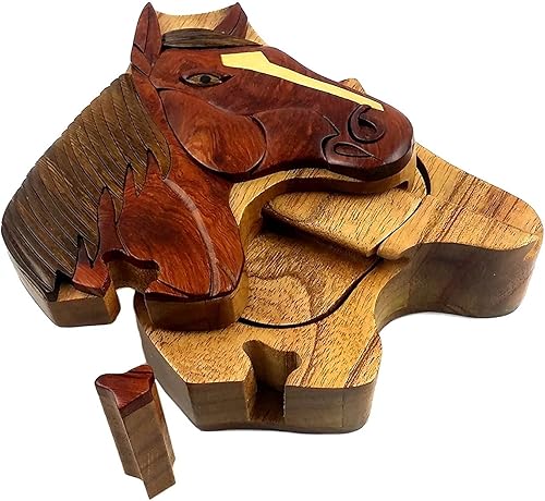 Mane Stay Horse Head - Caja de rompecabezas de madera exótica natural, 4.75 x 4.5 x 2 pulgadas con cerradura de llave de madera deslizante, cubierta