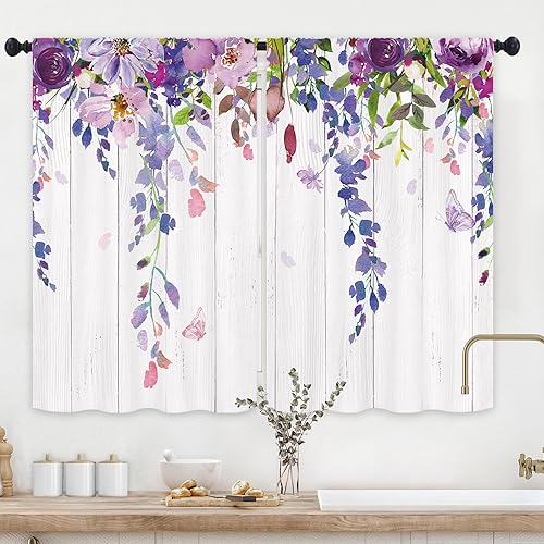 Miniatura 2 de Yookeb Cortinas rústicas de cocina rústicas con flores moradas de 27.5 pulgadas de ancho x 39 pulgadas de alto, bolsillo para barra, lavanda y