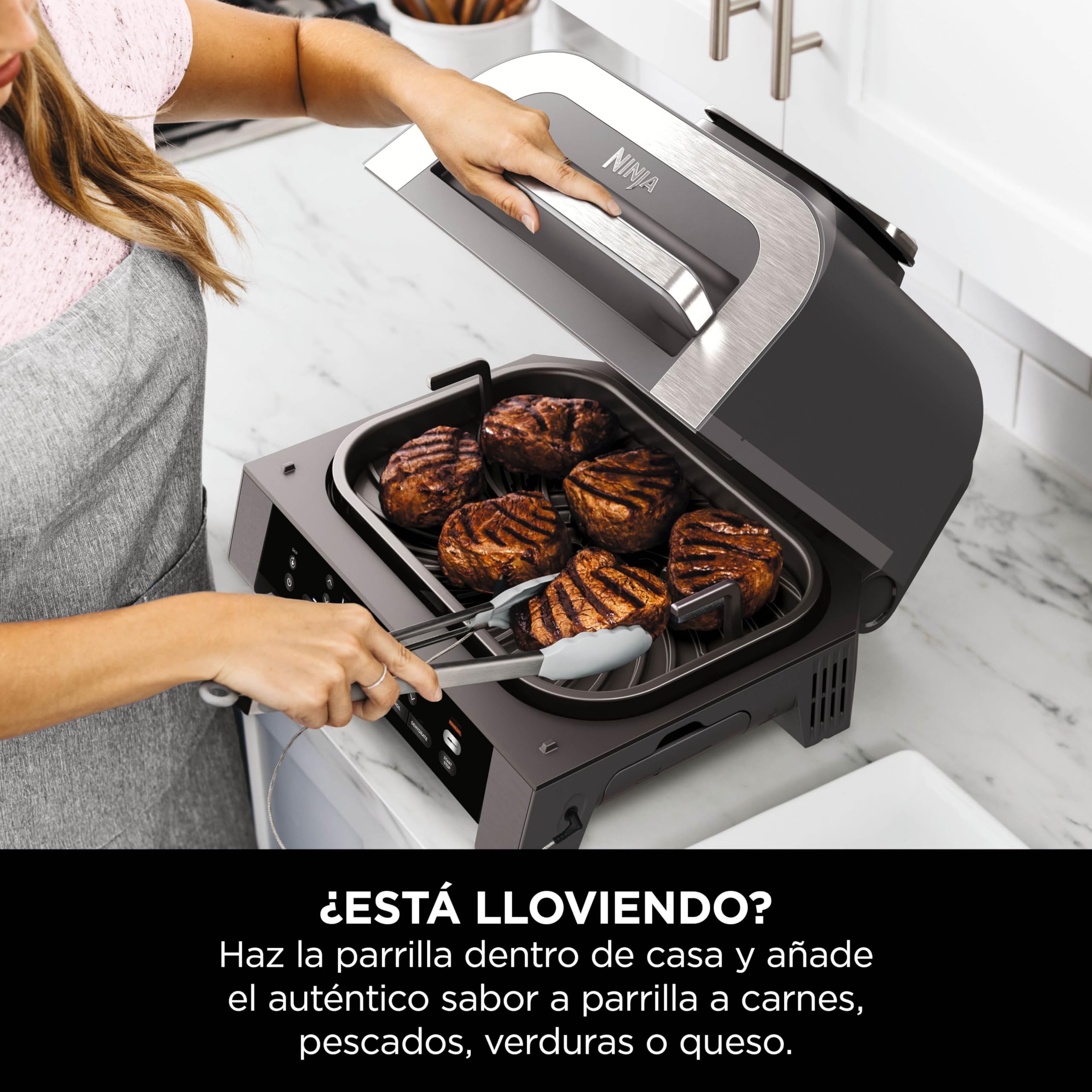 Ninja MAX 6 en 1 Freidora de aire y parrilla de interior, 6 funciones de cocción sin humo, cocina hasta 6 hamburguesas, capacidad de 3,8 l, incluye termómetro digital para carne, gris/plata, DG551EU