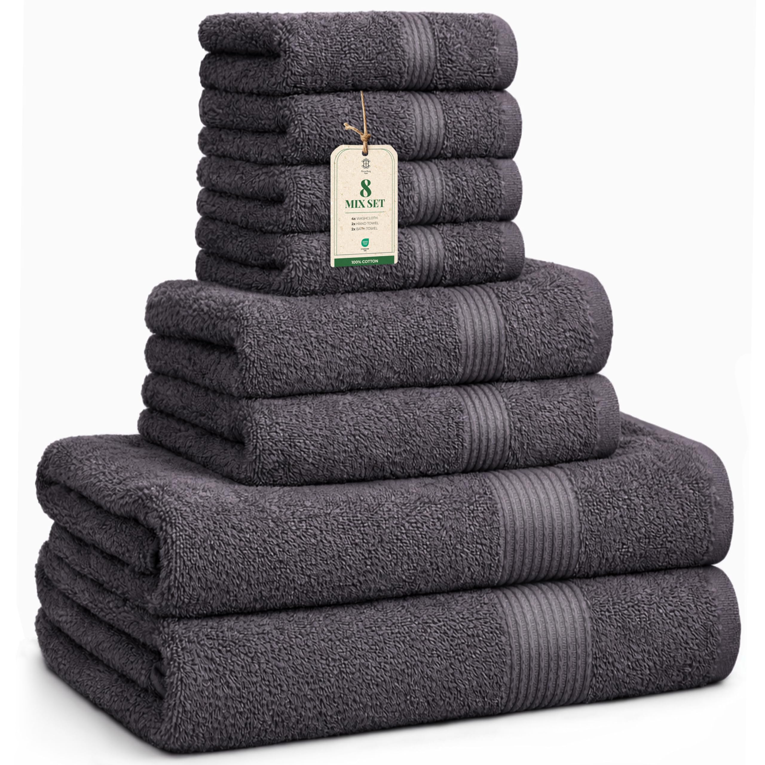 HomeBurg Luxe Set – Washcloths (30×30cm), Hand Towels (40×70cm) & Bath Towels (65×137 cm) – 100% Cotton, Soft, Absorbent, Easy Care, Versatile, Dark Grey