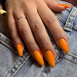 KXAMELIE Orange Almond Shaped Press-on Nails, Glue on Acrylic Nails for Women, Medium Length Stick on Nails for Girls Daily Work Wear