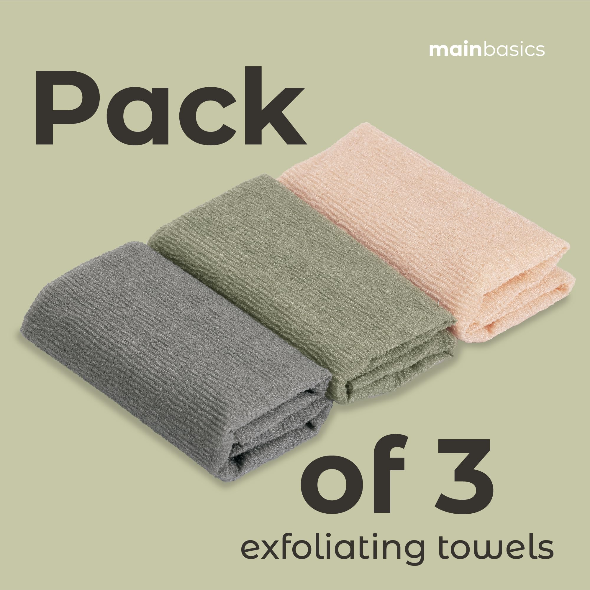 MainBasics Toalla de ducha exfoliante – Toalla de baño y paño corporal de nailon japonés, secado rápido, duradera, exfoliación media (juego de 3, Earthy Love)