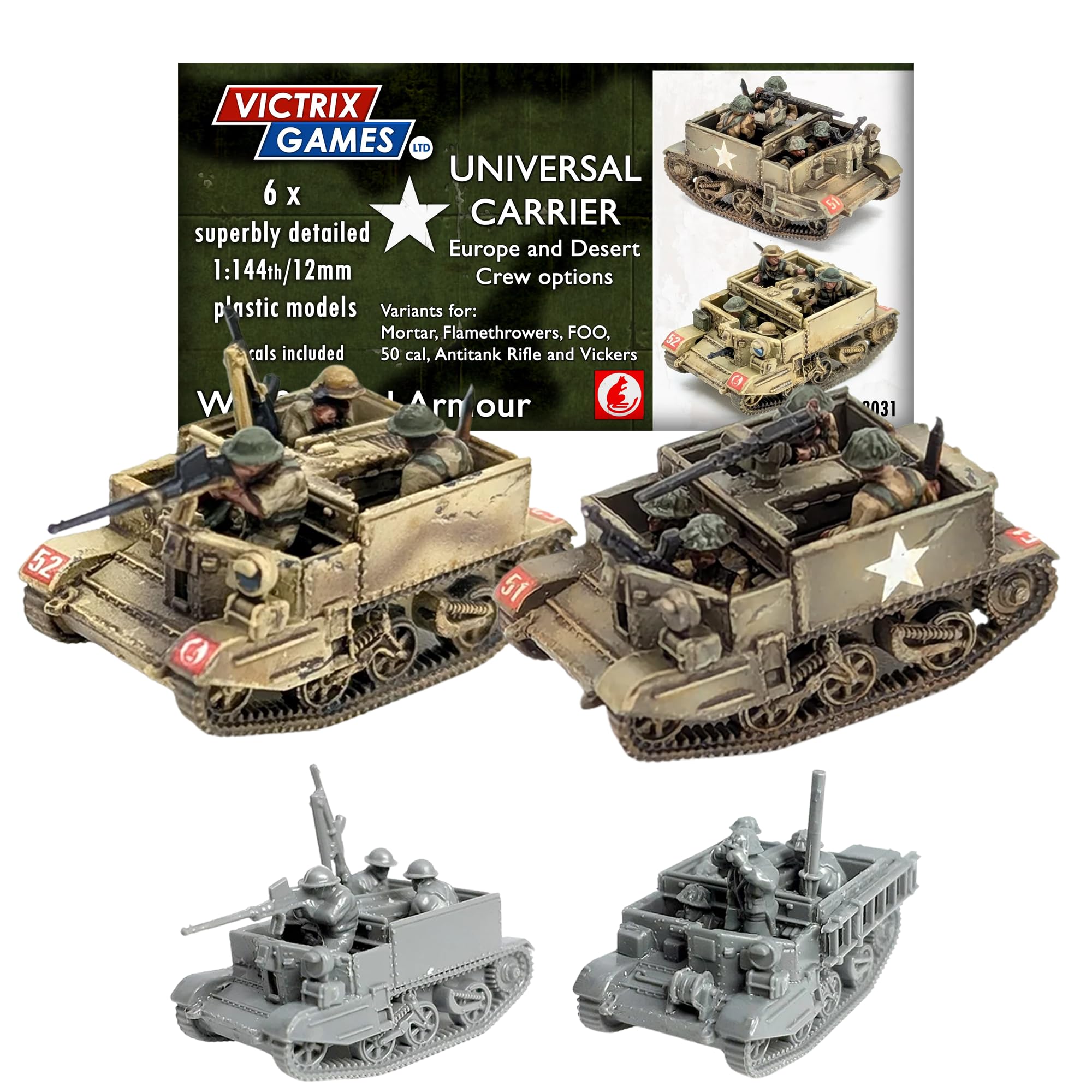 Wargames Delivered - Victrix 12mm Scale Universal Carrier Set – 6 Highly Detailed WWII Miniatures with Foo Variants with 90 Crew Figures - Ideal for Wargaming