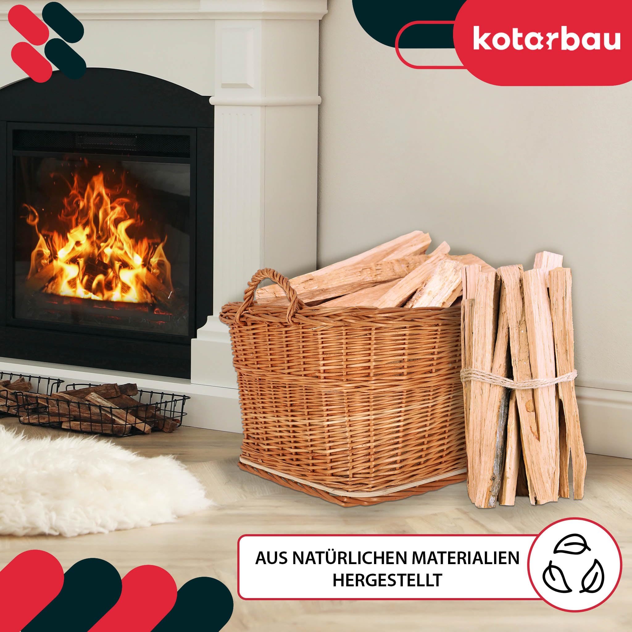 KOTARBAU® Weidenkorb für Brennholz - Holzkorb für Kaminholz - Erntekorb - 60x50 cm - Kaminholzkorb mit Henkel - Holz Tragekorb - Brennholzkorb - Weide - Natürlich - Naturfarbe
