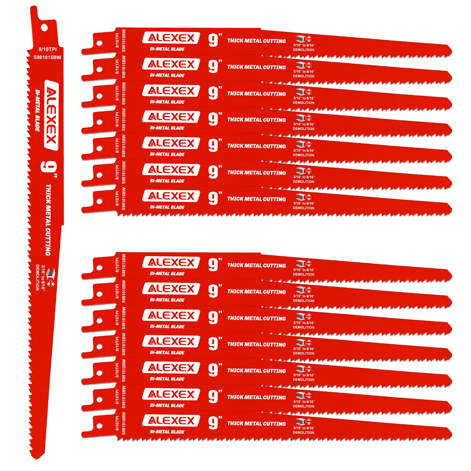 Photo 1 of 15 Pack 9 Inch 8/10 TPI Reciprocating Saw Blades for Metal Cutting and Demolition Applications, Bi-Metal Sawzall Blades for 3/16-9/16 Thick Metal, Compatible with Diablo Sawzall Blades DS0908BFD15