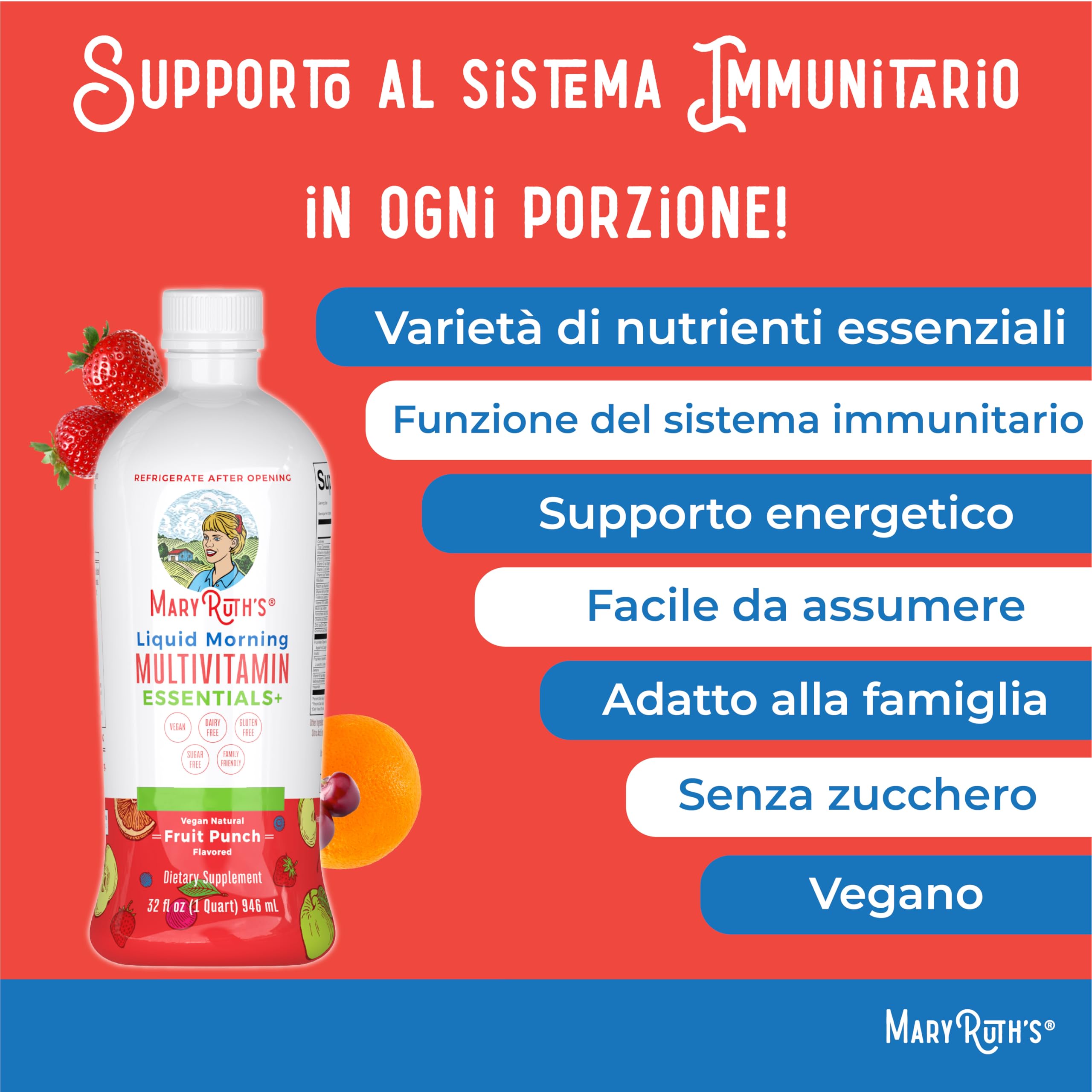 MaryRuth Organics, Liquid Morning Multivitamin Essentials+, Vitamine e Minerali Essenziali, Senza Zucchero, Gusto Punch alla Frutta, 946ml, Vegan, Senza Glutine