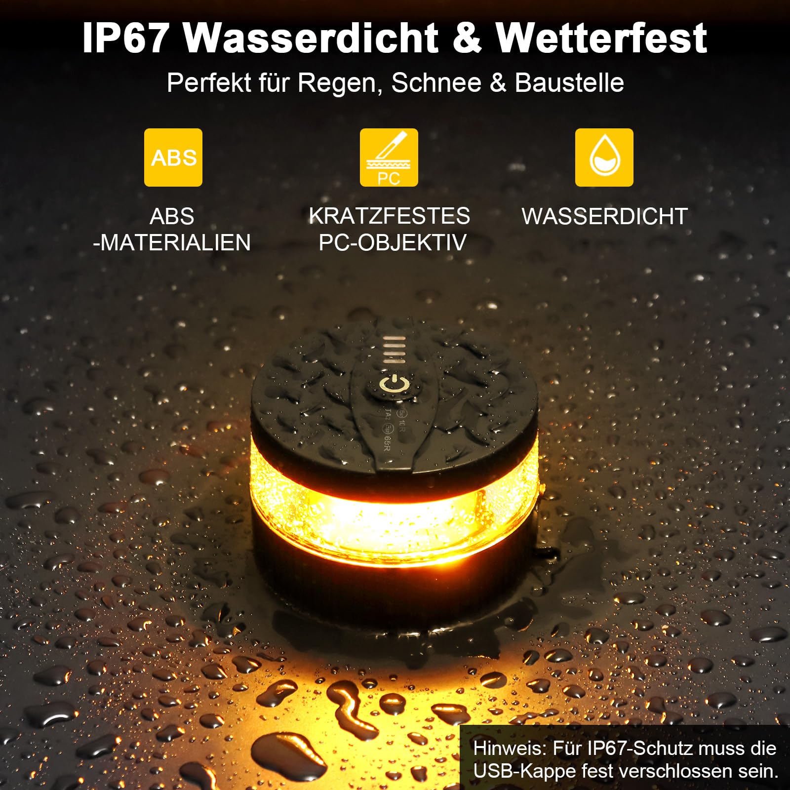 LED Rundumleuchte Akku Magnet [ECE R65 R10 Zulassung], 32 LEDs Warnleuchte Auto Orange & Weißes Arbeitslicht, IP67 Wasserdicht, 8 Blitzmodi für Traktor, LKW, Gabelstapler, Anhänger & Pannenhilfe