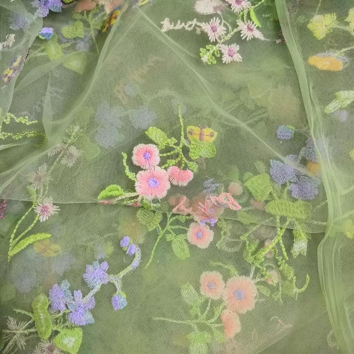 35"x51" Elegant White Lace Fabric Tulle Fabric by Yard Colorful Floral Embroidery Soft Tulle Mesh for DIY Dresses Wedding Gown and Fashion Design (Green, 5 Yards (175 x 51 in))