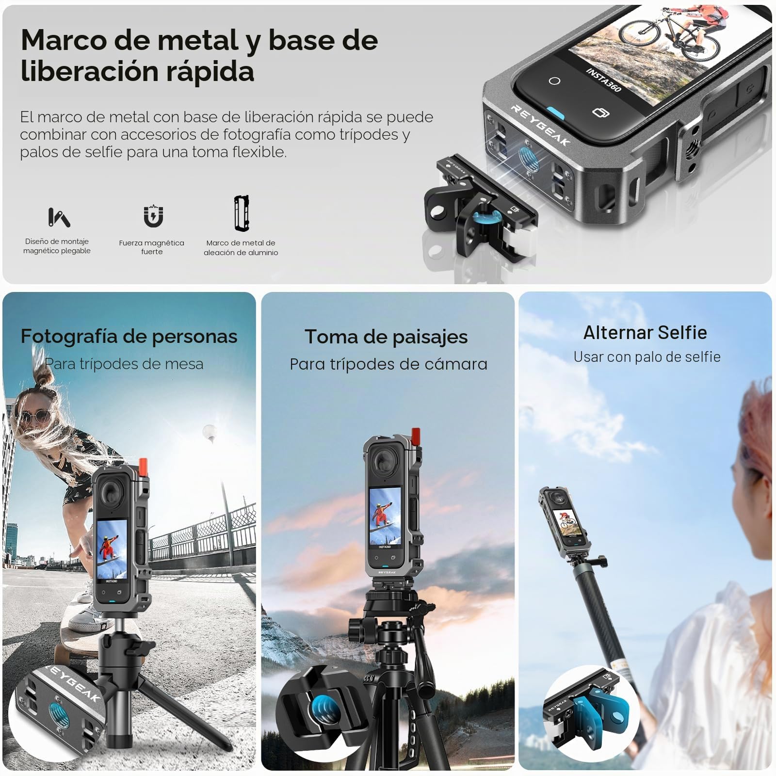 REYGEAK Para jaula Insta360 X4, marco de aluminio para Insta360 X4, soporte de base de cámara de liberación rápida con roscas de 1/4 pulgadas, funda protectora con cubierta de lente de silicona.