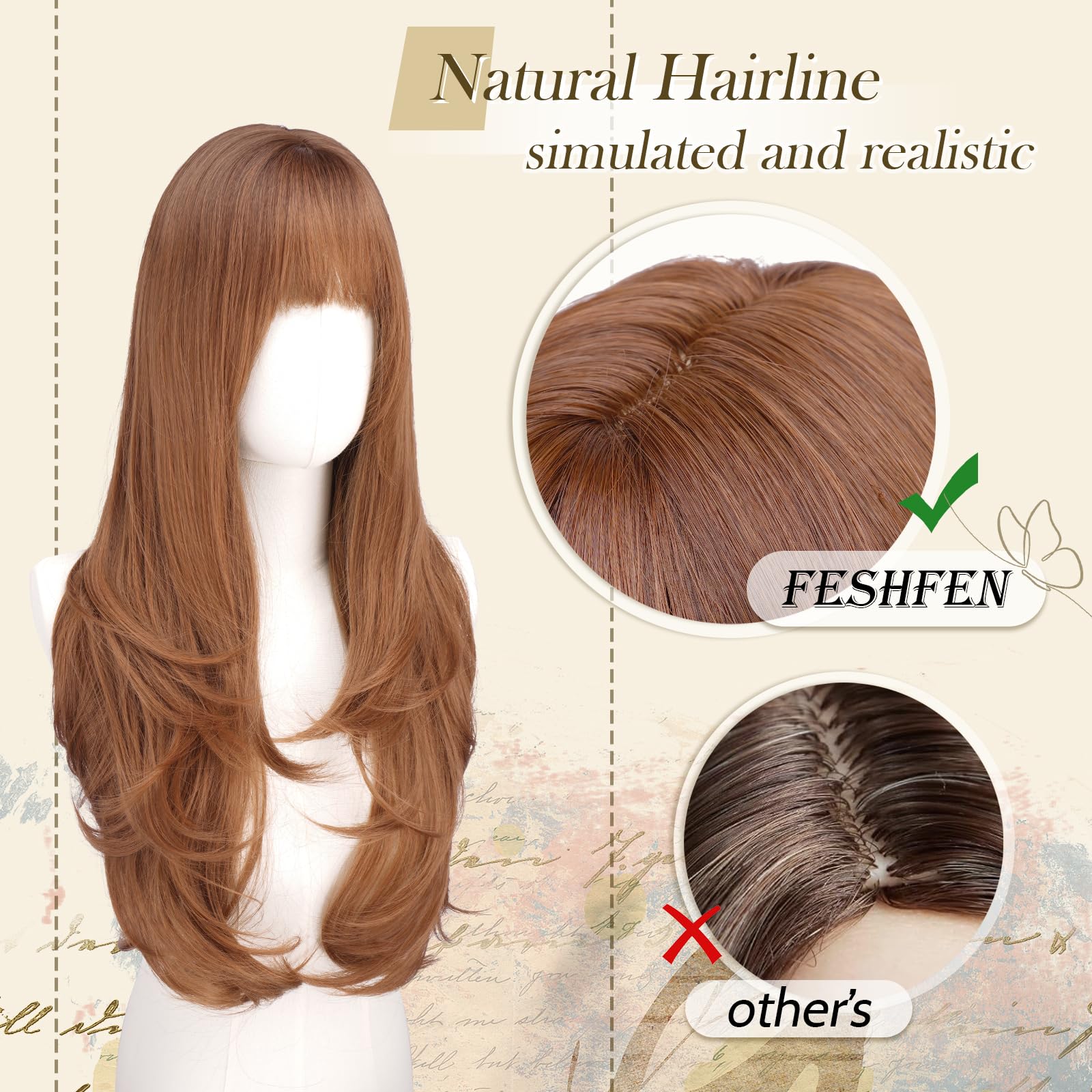Perruque Synthétique Longue Dégradé Brun Clair - Avec Frange, Lisse, Taille Moyenne, Neuf Sans étiquettes