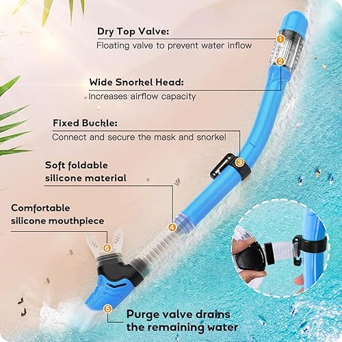 Miniatura 4 de Juego de esnórquel para niños, máscara de esnórquel con parte superior seca para niños, máscara de buceo con vista panorámica antivaho, equipo de