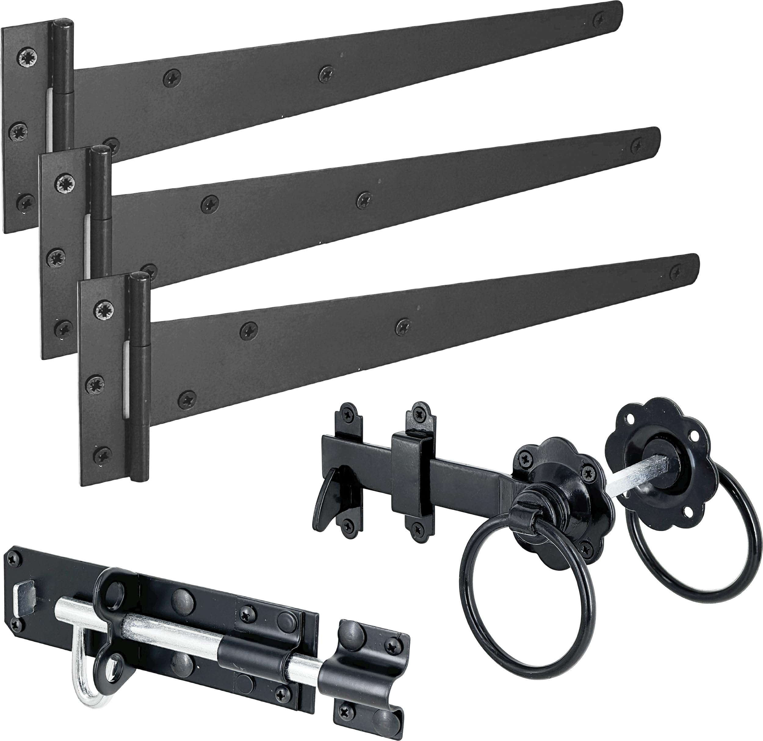 IRONTITE® Black Gate Latch Kit with 300mm (12") T Hinges and Brenton Bolt. Garden Gate Kit Includes Garden Gate Hinges for Wooden Gates, Brenton Garden Gate Bolt, and Ring Gate Latch.