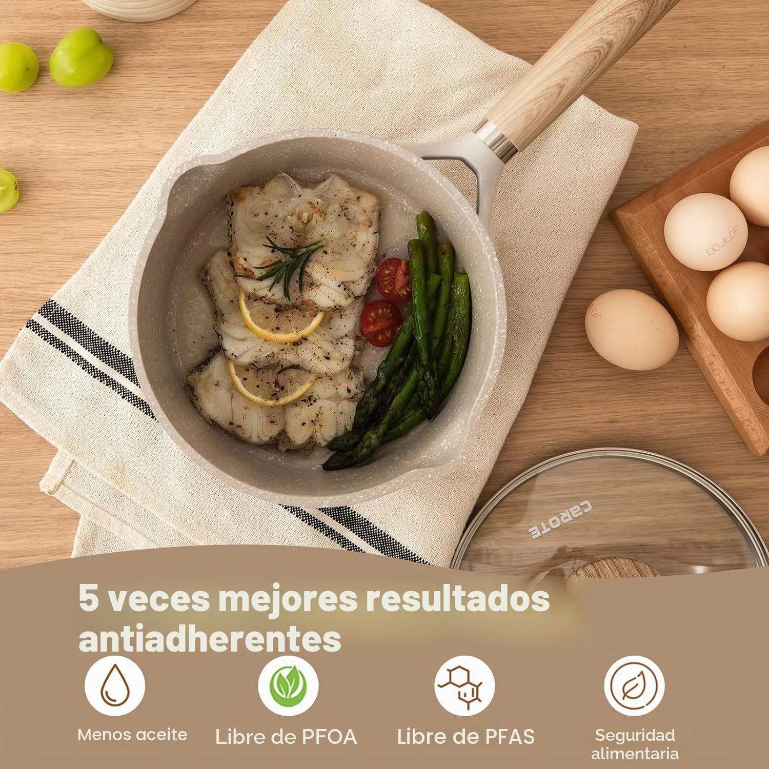 CAROTE Set de 2 Cazos Antiadherentes 16cm y 18cm Blancos, Revestimiento de Granito, Inducción, Mango de Madera, Sin PFOA, Juego de Cazos de Cocina