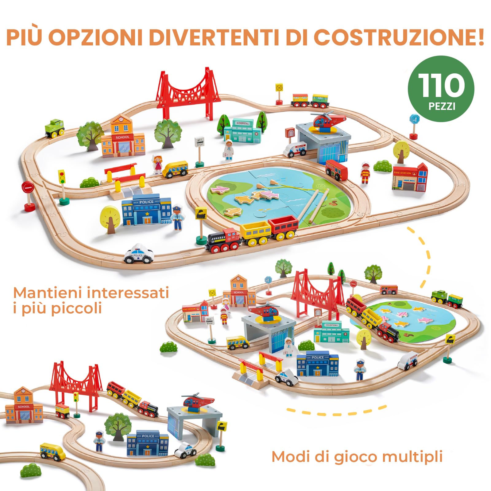 Tiny Land Set ferroviario ferroviario in legno, 110 pezzi, trenino giocattolo per ragazzi e ragazze con binari in legno, giocattolo in legno per bambini e bambini dai 3 ai 7 anni