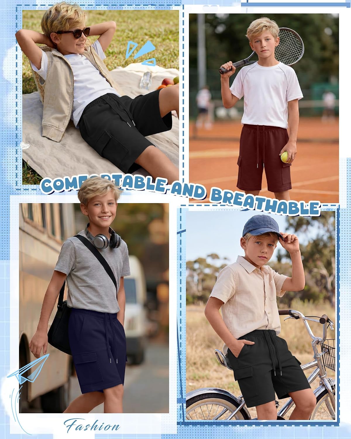 Oakgarden 3 Pack Boys Athletic Cargo Shorts | Kids Sweat Shorts with Drawstring and Side Pockets, Back to School Clothes, Lightweight Casual Comfortable, 5-14 Years