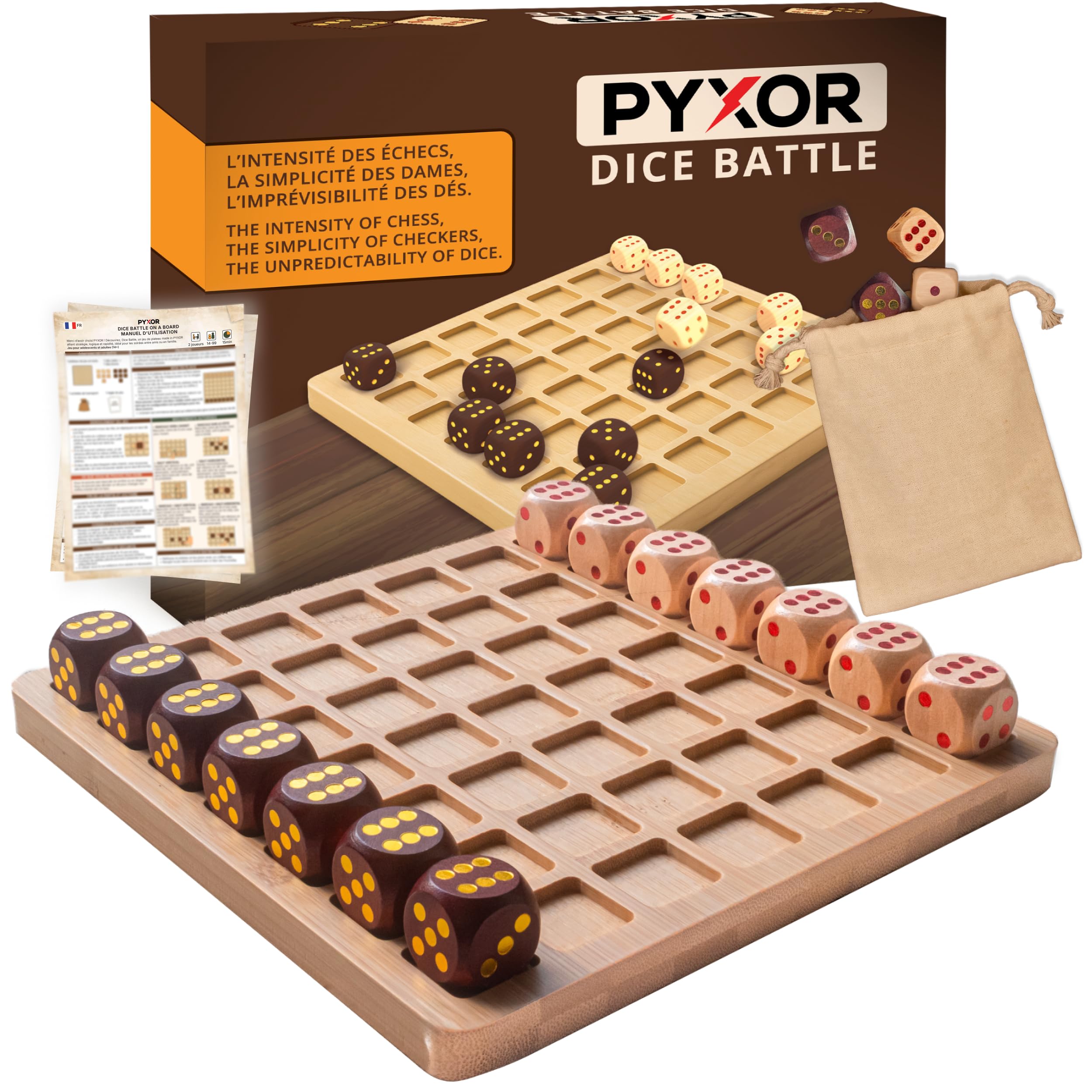 Dice Battle – Jeu stratégique en Bois Premium avec dés - 2 Joueurs | Échiquier bambou, échec & dames revisités, jeu de réflexion, adultes familles, dés gravés, cadeau durable
