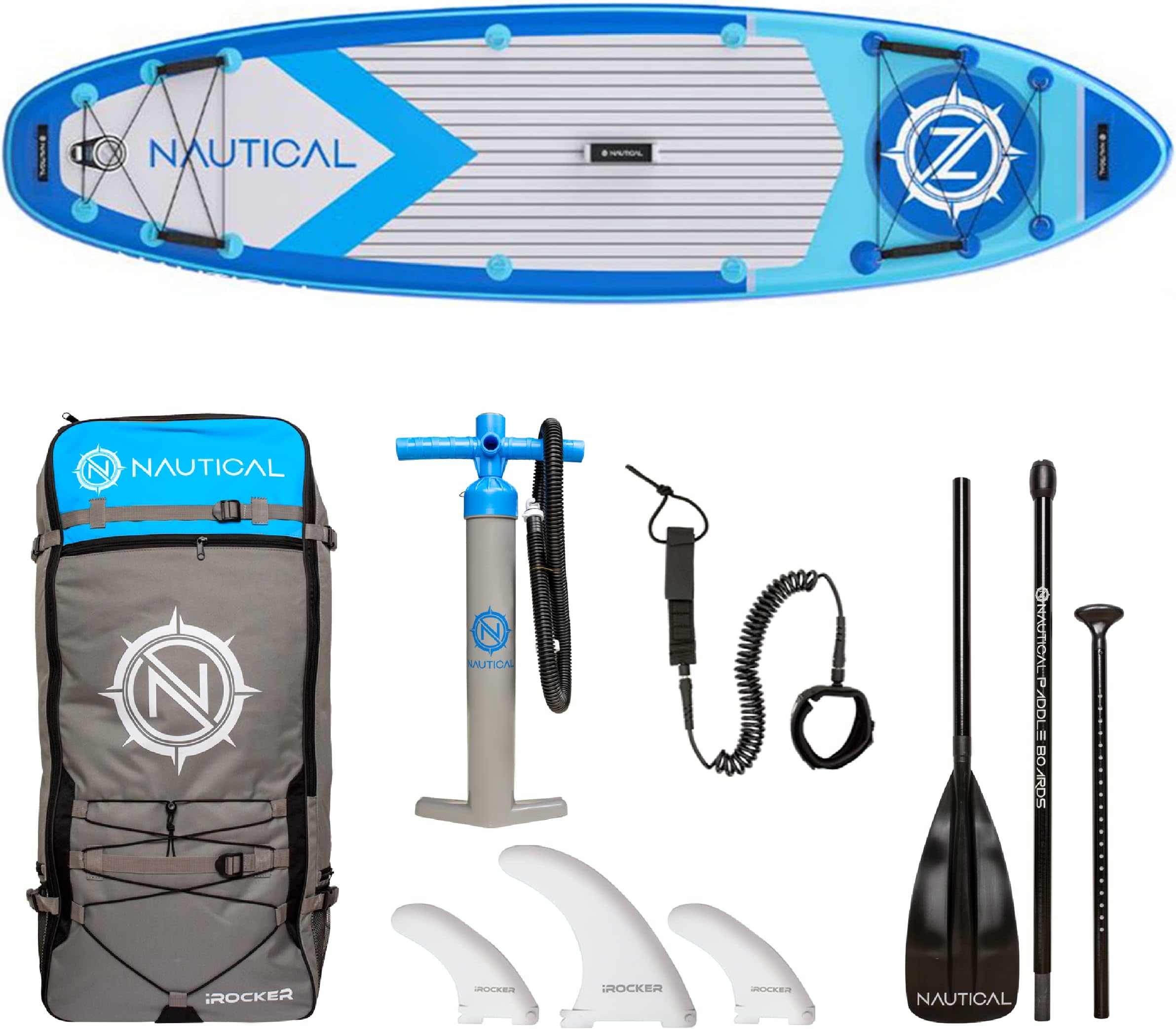 iROCKER Nautical Inflatable Stand Up Paddle Board, Superb Maneuverability 10' Long 32" Wide 6" Thickness SUP with Premium Bag, Adjustable Paddle, Pump, Leash, Fins & Repair Kit