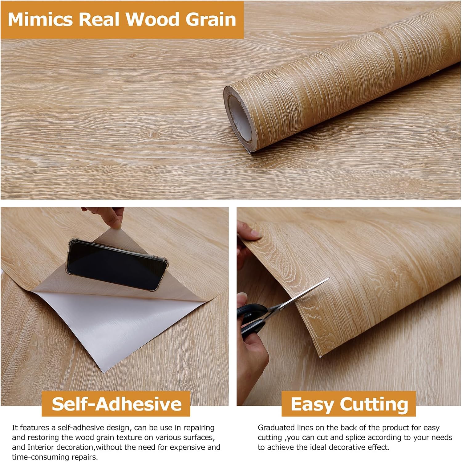 Peel and Stick Wallpaper Contact Paper Wood Oak Wood Grain Contact Paper Thicken Textured for Cabinets and Drawers Countertops Waterproof Self Adhesive Vinyl 23.6" x 196"