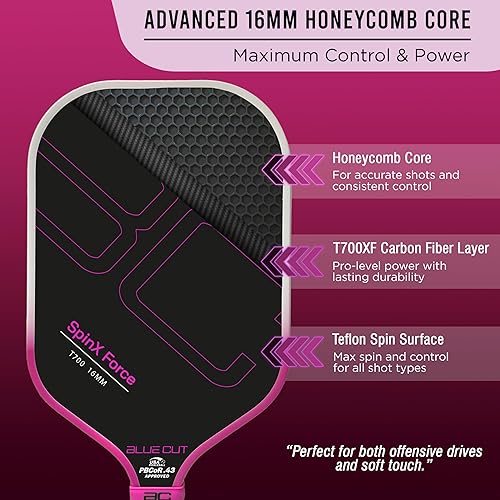 Miniatura 2 de Blue Cut Pickleball Paddle  USAPA Approved Pickleball Paddles Racket with T700 Carbon Fiber, 16mm Honeycomb Core, Spin Surface, Pro Power Speed &