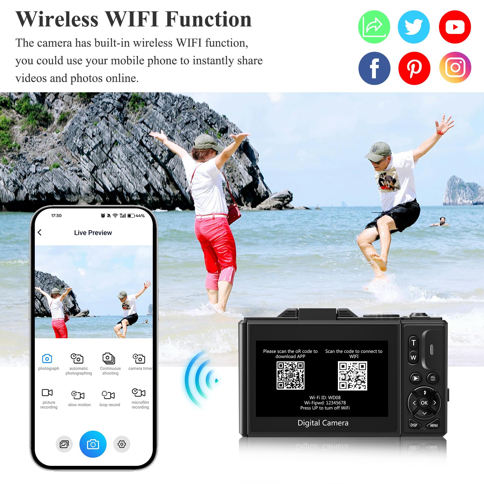 Fotocamera digitale per fotografia, 64MP 4K Vlogging Camera per YouTube Zoom digitale 18X con WiFi 3'' Flip Screen e 32GB TF Card, Nero