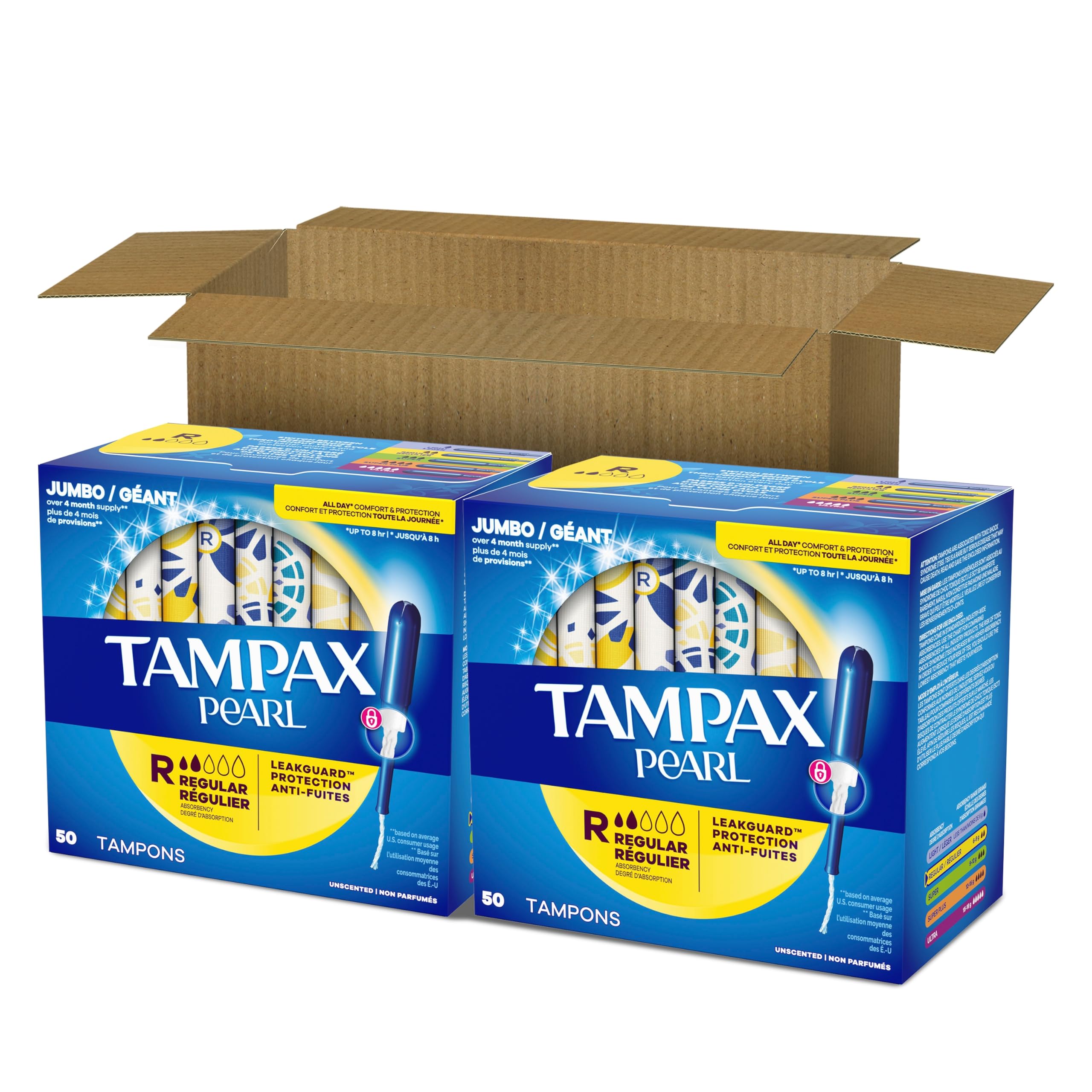 Tampax Pearl Tampons Regular Absorbency, with Leakguard Braid, Unscented, 50 Count x 2 Packs (100 Count Total) (Packaging May Vary)