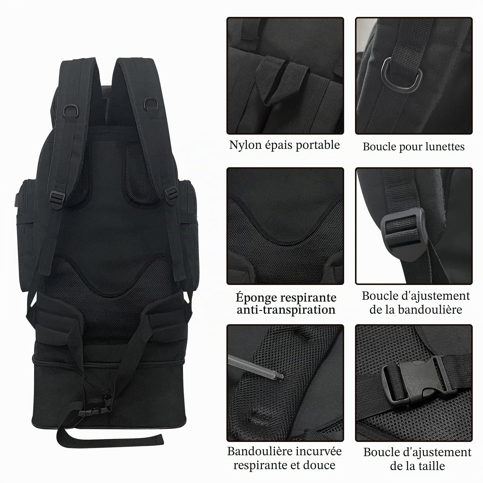 Sac à dos de randonnée tactique militaire de 100 L pour homme avec port de charge USB, sac à dos de voyage léger résistant à l'eau, sac à dos de camping, sac de survie sac à dos de randonnée