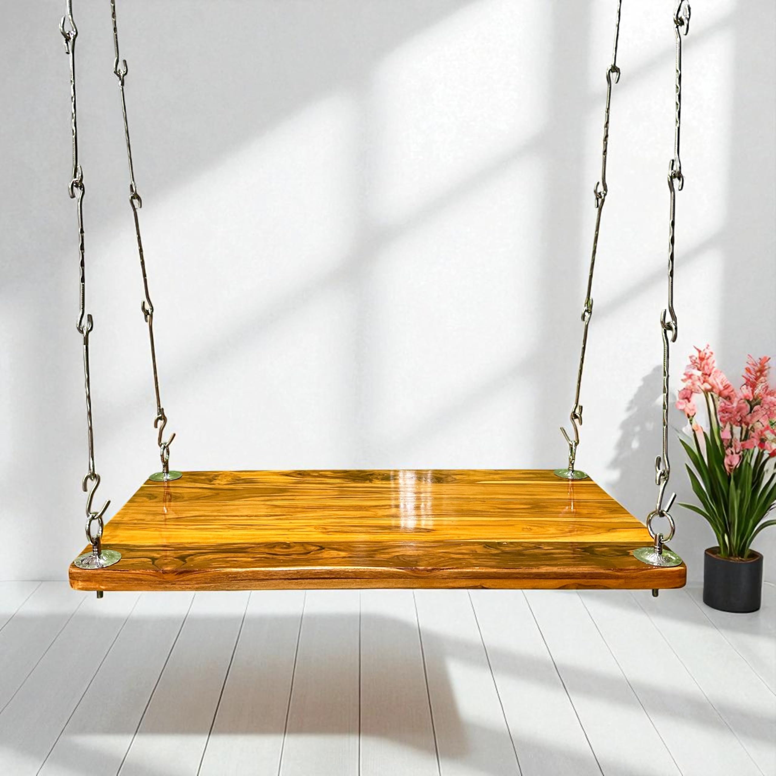 Kaushalendra Premium Teak Wood Hanging Swing with Stainless Steel Chains | 137 cm Indoor & Outdoor Balcony Jhula | 350 kg Capacity | Pre-Assembled with Springs & Hooks-image-44