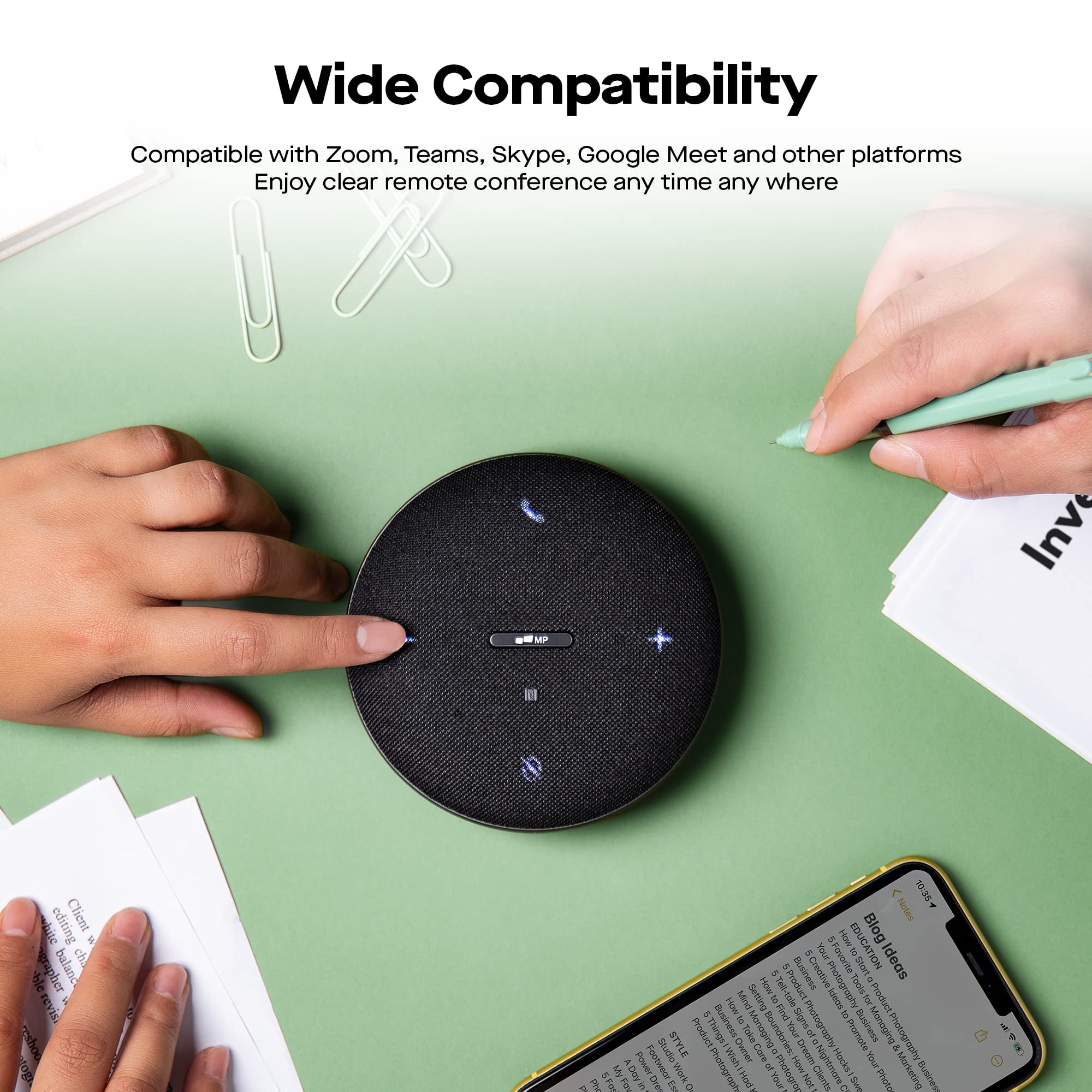 MP Mobile Pixels - Altavoces Bluetooth para conferencias con 4 micrófonos, pastilla de voz omnidireccional de 13 pies, USB-C Plug & Play, reducción de ruido, compatible con Zoom/Teams/Skype/Google