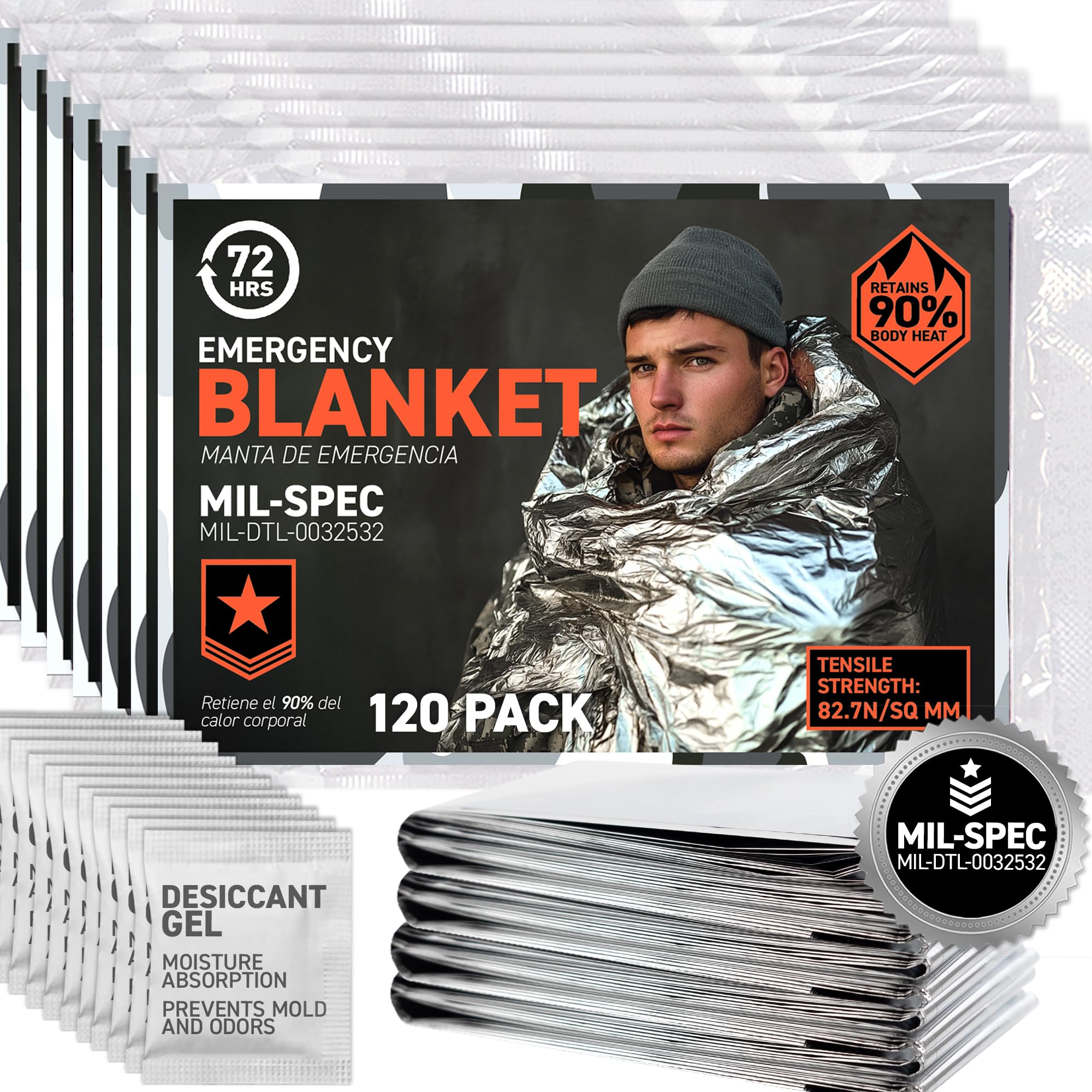 72 HRS Manta térmica extra grande MIL-SPEC de emergencia Mylar (paquete de 120) mantas de supervivencia para coche, kit de primeros auxilios, senderismo y refugio