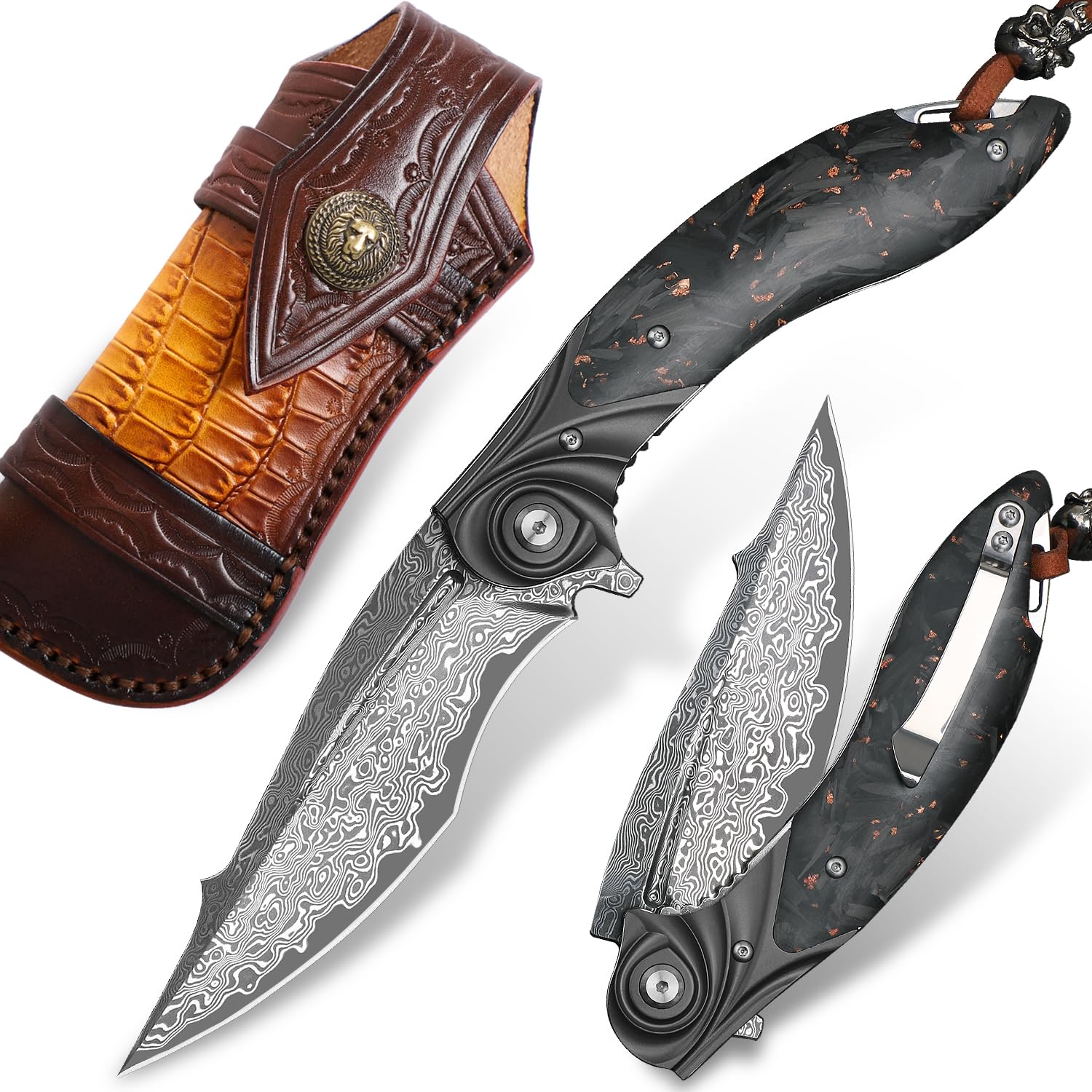 Herren-Klappmesser, handgefertigtes Damaststahl-Taschenmesser, 3,9 Zoll Klinge mit Clip und Lederscheide, Liner Lock, Kohlefaser-Griff, geeignet für EDC Camping Expeditionen, Wandern tragen, Geschenk