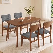 P PURLOVE 5 Pieces Dining Table Set, Mid Century Modern Wood Curved Dining Table and 4 Upholstered Chairs for Home, Kitchen, Apartment, Space Saving Brown and Gray