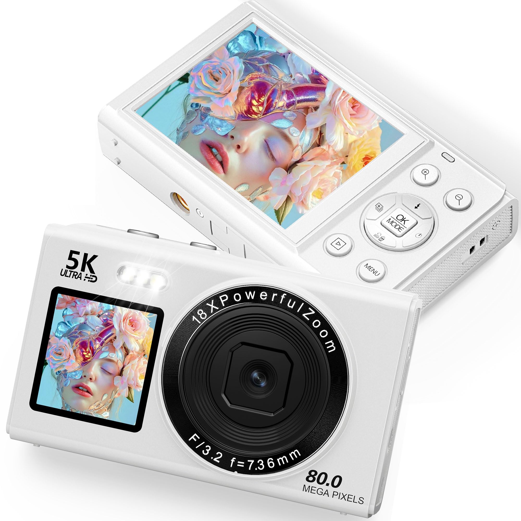 Cámara Digital 5K 80MP Cámara Digital Compacta y Portátil con Pantalla LCD de 2,4" y Pantalla Selfie de 1,5", Zoom Digital 18X Tarjeta SD 32G para Adultos y Principiantes, Niños Regalo Blanco