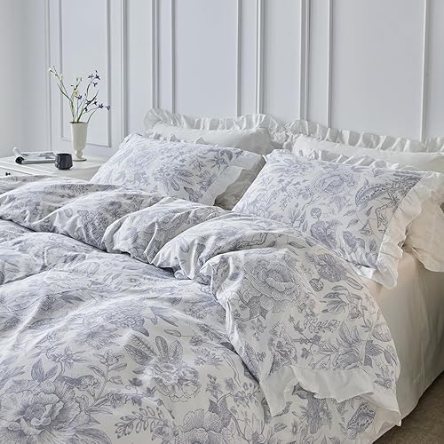 Miniatura 2 de SUSYBAO Funda de edredón floral azul tamaño King, 100% algodón, funda de edredón con volantes blancos, juego de 3 piezas, 1 funda de edredón vintage