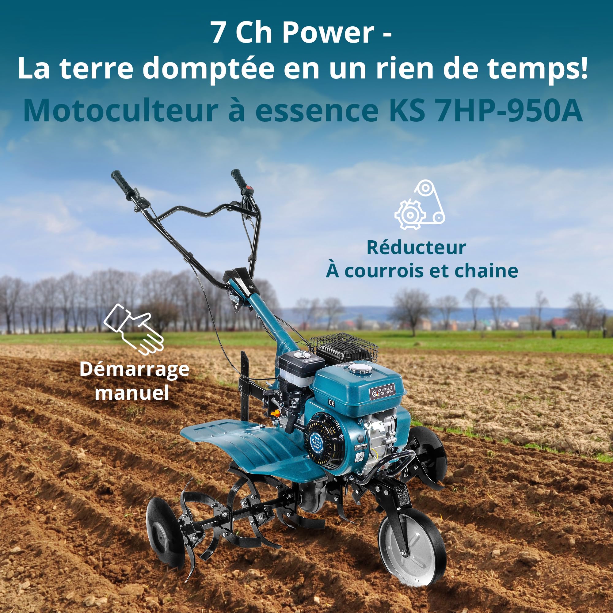 Könner & Söhnen KS 7HP-950A, Cultivateur à Essence cylindrée 212 cm3, Motoculteur de Jardin, de Labour Max. 31 cm, motobineuse pour parcelles familiales, parterres de Fleurs et parcelles de Jardin.