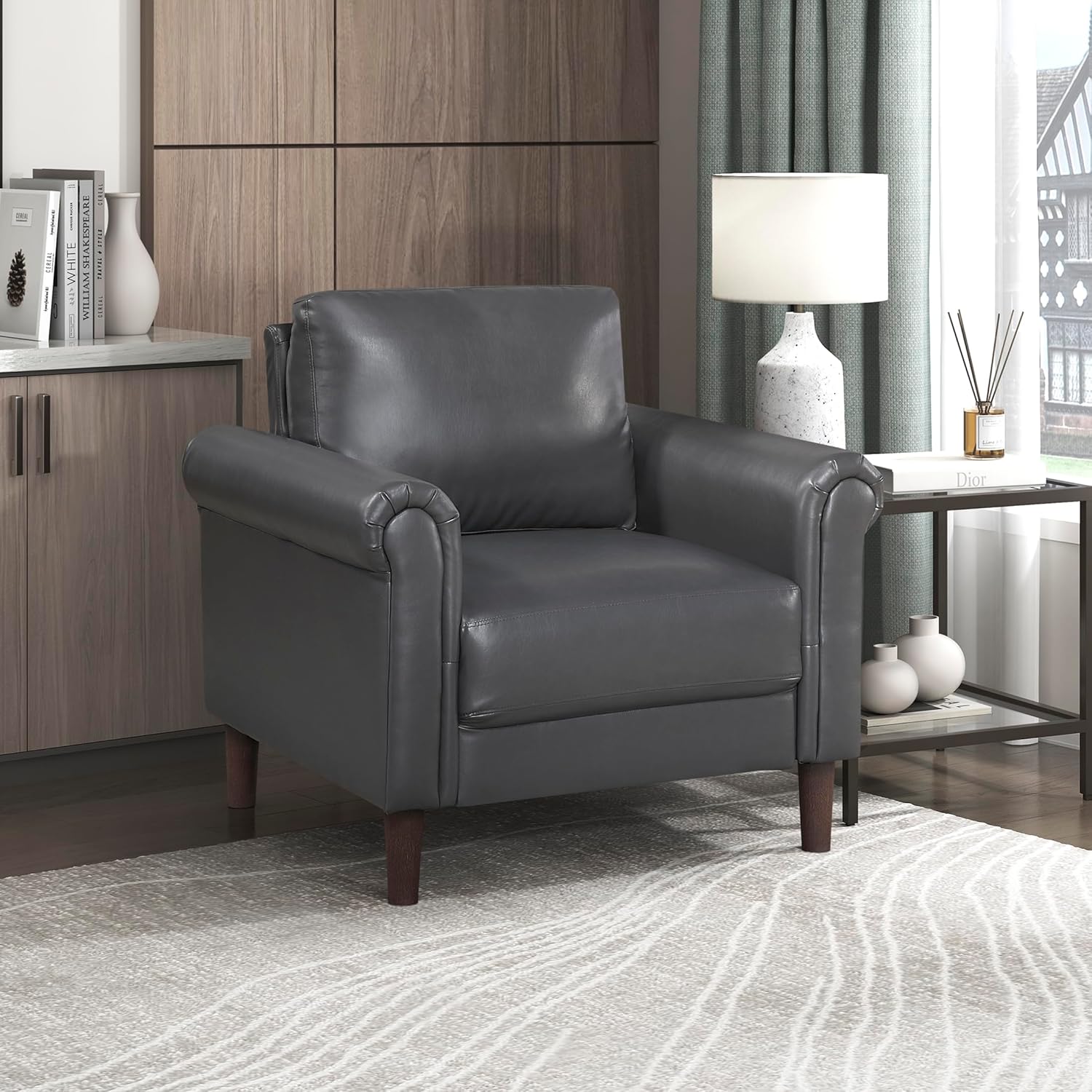 Sillón Tapizado Gris Oscuro con Brazos Rollados
